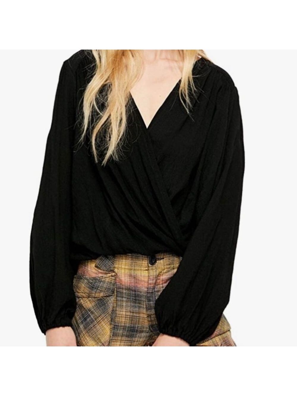 FREE People Black Check On It Wrap Top